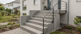 Klassische Betontreppe mit Sichtbetonoberfläche als Zugang zu einem Einfamilienhaus