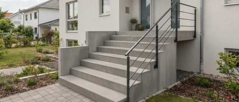 Klassische Betontreppe mit Sichtbetonoberfläche als Zugang zu einem Einfamilienhaus
