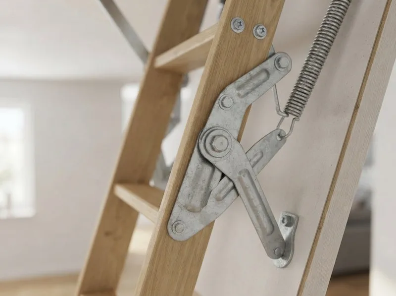Scharnier- und Knickhebel-Mechanismus einer Bodentreppe im Detail