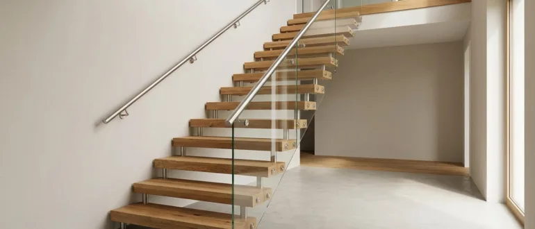 Freitragende Bolzentreppe mit Holzstufen in einem modernen Wohnhaus