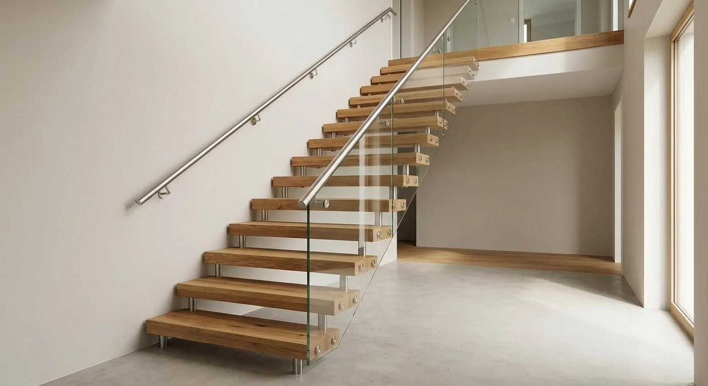 Freitragende Bolzentreppe mit Holzstufen in einem modernen Wohnhaus