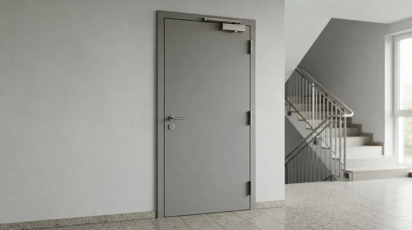 Brandschutztür mit Selbstschließmechanismus im Treppenhaus