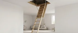 Ausgeklappte Dachbodentreppe mit Blick in den Dachboden