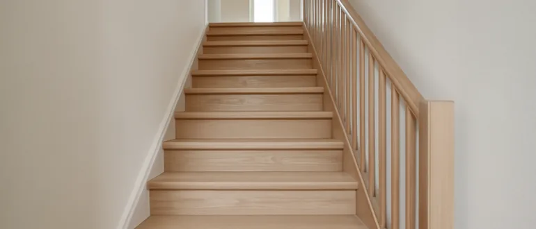 Gut proportionierte Treppe mit gleichmäßigen Stufen und hellem Holzhandlauf