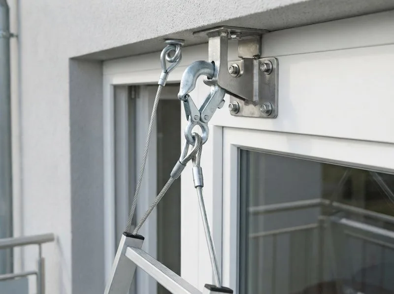 Befestigungshaken einer Feuerleiter am Fensterrahmen