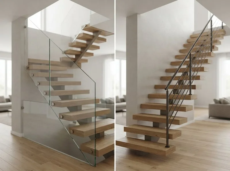Geländervarianten für eine freitragende Treppe: Glas und Metall im Vergleich