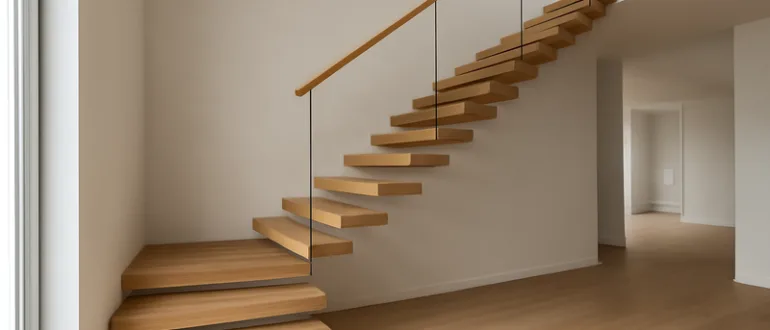 Freitragende Treppe mit Holzstufen an einer Innenwand montiert