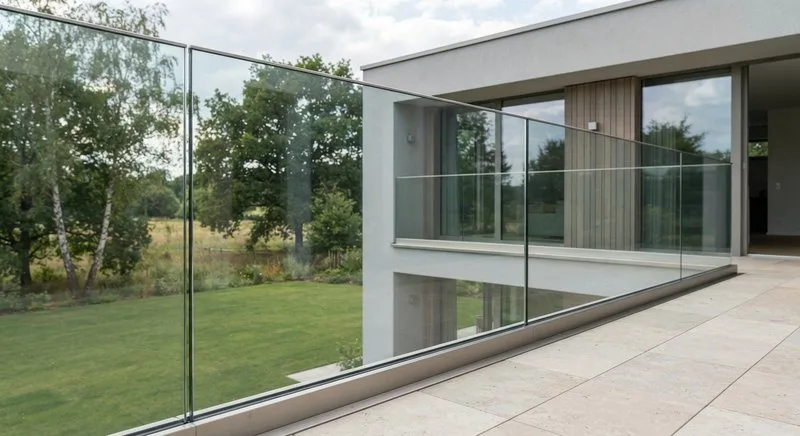 Glasgeländer auf einer Terrasse mit freiem Blick ins Grüne