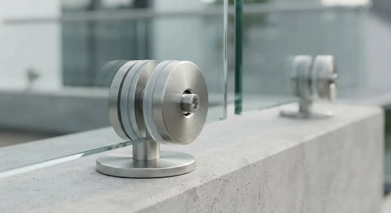 Punkthalter aus Edelstahl fixiert eine Glasscheibe im Detail