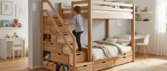 Kind steigt eine Hochbett Treppe mit Treppenregal hinauf