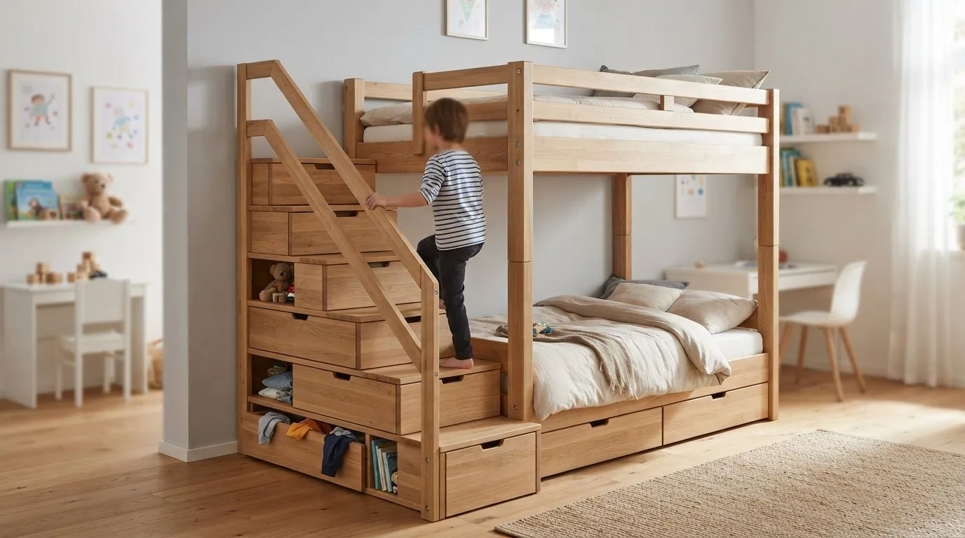 Kind steigt eine Hochbett Treppe mit Treppenregal hinauf