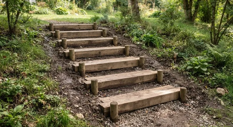 Gartentreppe aus Holzbohlen