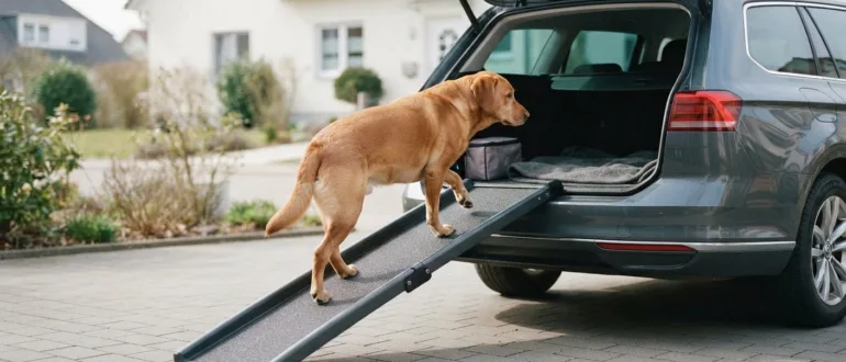 Hund nutzt eine Rampe zum Einstieg in den Kofferraum