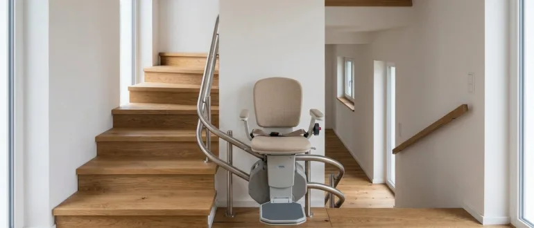 Kurventreppenlift mit individuell gebogener Schiene an einer gewendelten Treppe