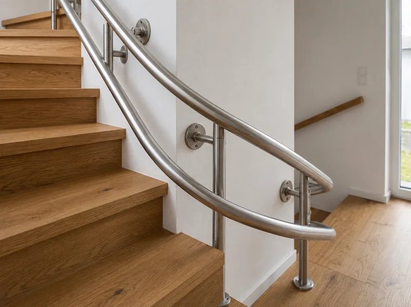 Detailaufnahme der individuell gebogenen Schiene eines Kurventreppenlifts