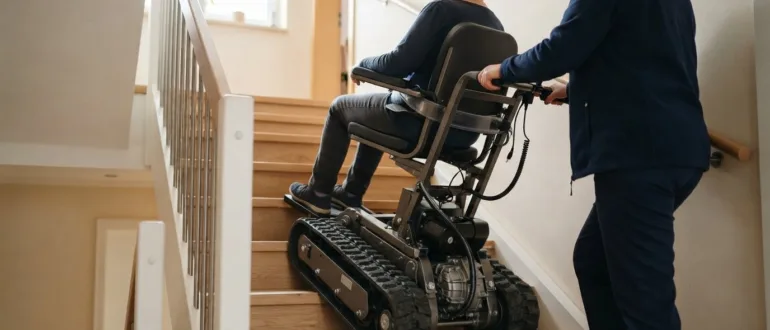 Mobiler Treppenlift wird von einer Betreuungsperson an einer Treppe bedient