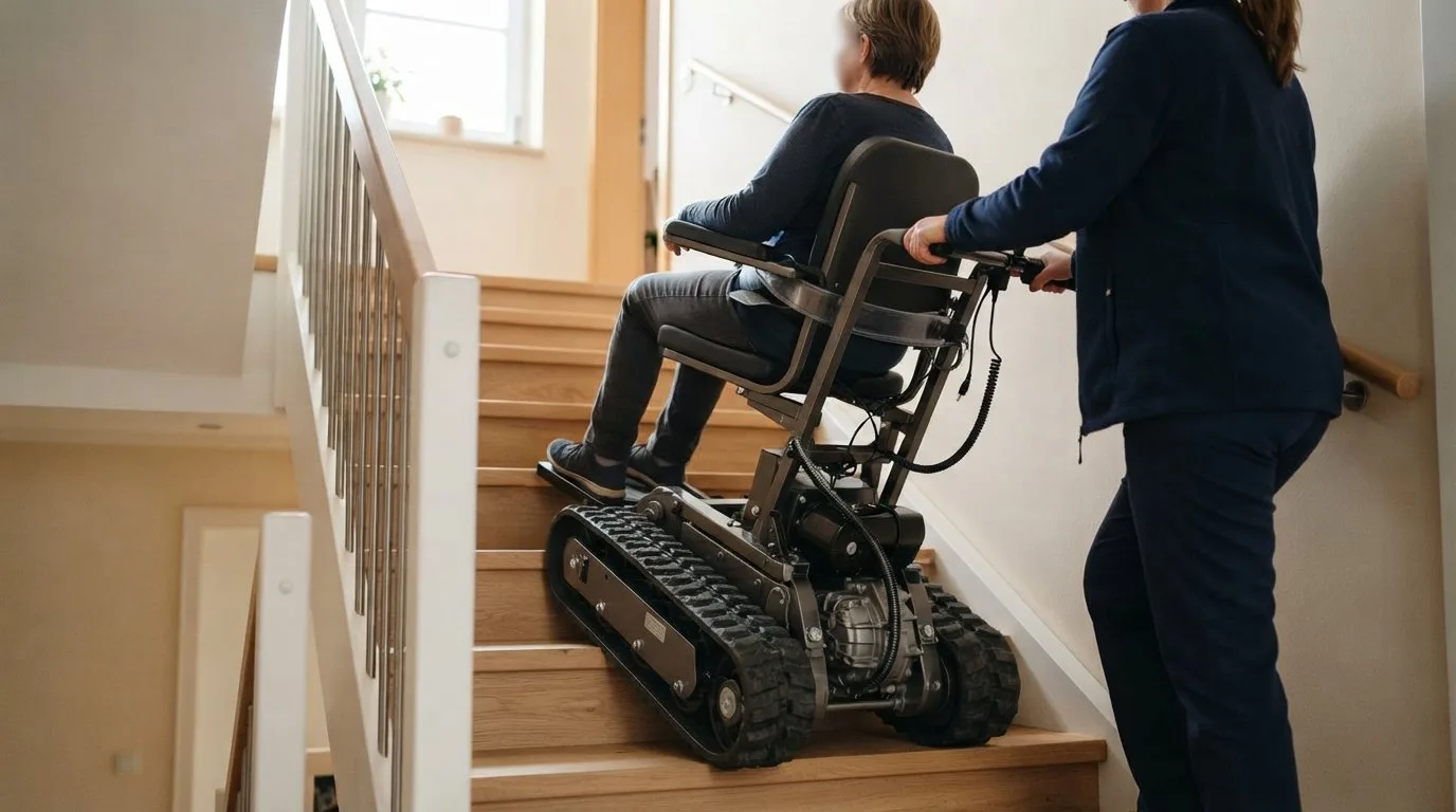 Mobiler Treppenlift wird von einer Betreuungsperson an einer Treppe bedient
