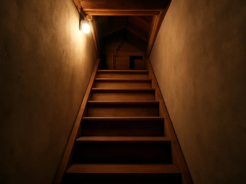 Schmale, steile Treppe zu einem Abstellraum als Beispiel für eine nicht notwendige Treppe