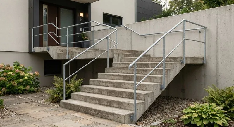 Betontreppe mit Zwischenpodest am Hauseingang im Außenbereich