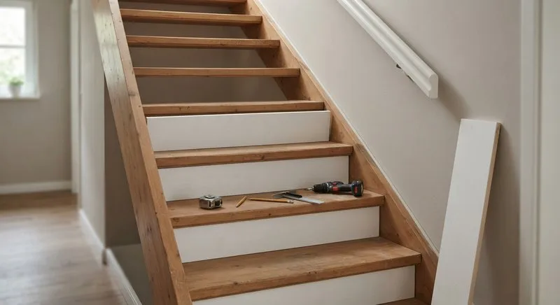 Offene Treppe während der Nachrüstung mit einem zugeschnittenen Setzstufen-Brett