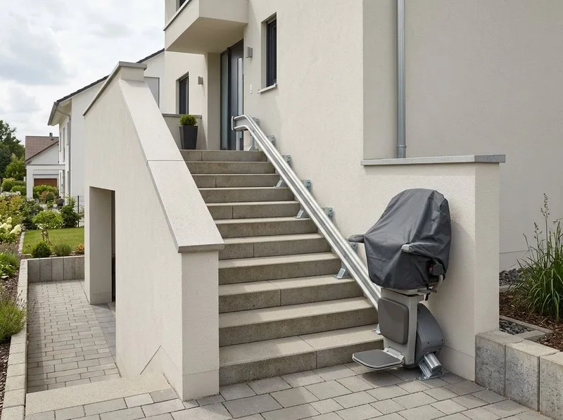 Witterungsfester Sitzlift an einer Außentreppe