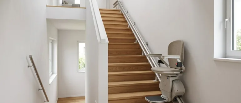 Gerader Sitzlift an einer hellen Innentreppe