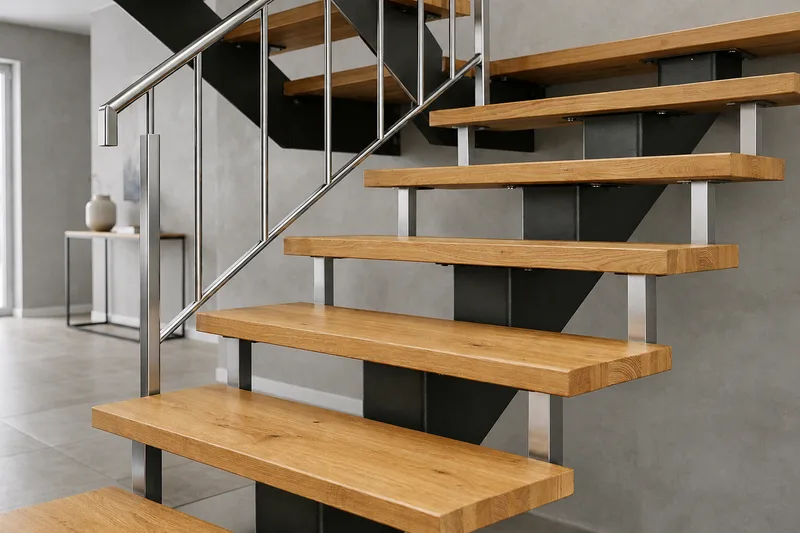 Stahltreppe mit Holzstufen im Innenbereich