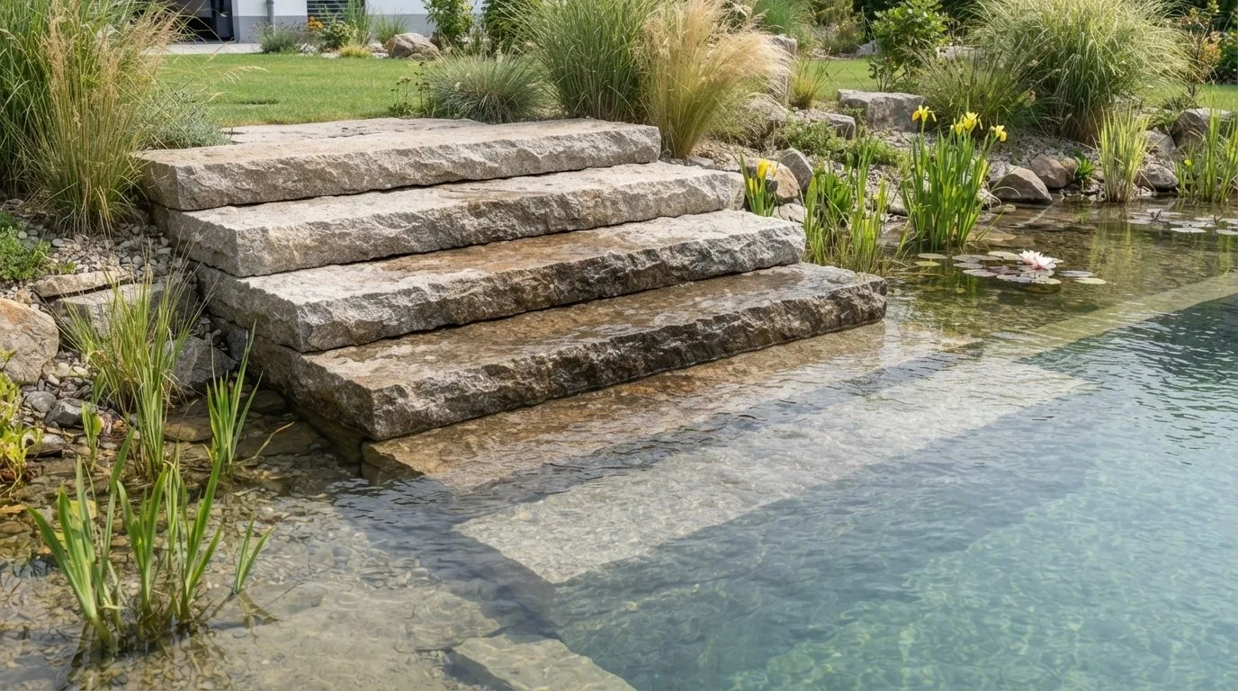 Teichtreppe aus Naturstein am Rand eines Schwimmteichs
