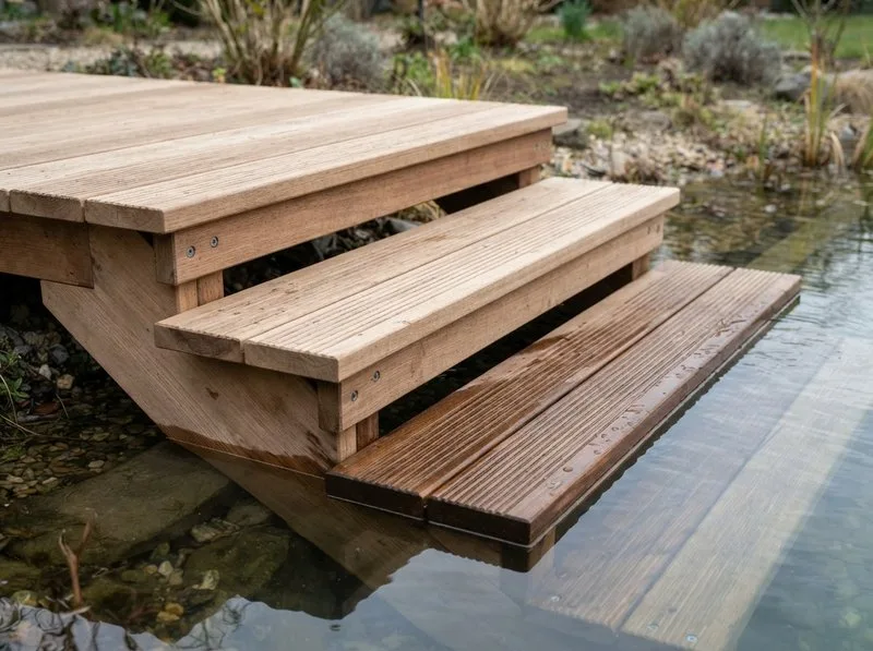 Teichtreppe aus wetterfestem Holz im Detail