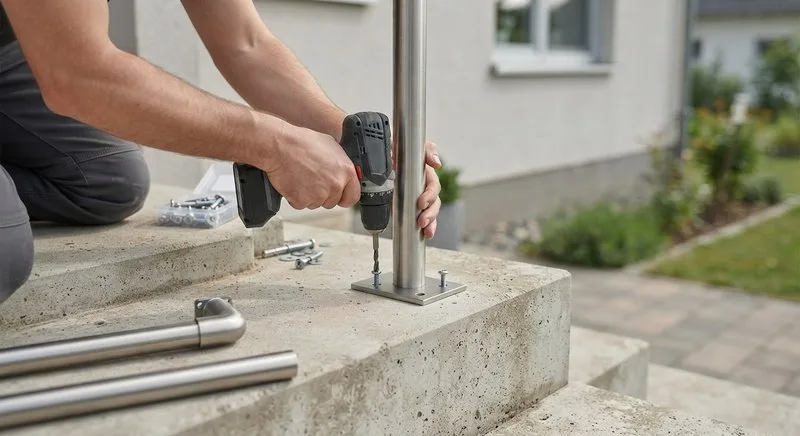 Montage eines Pfostens für ein Treppengeländer-Bausatzsystem im Außenbereich
