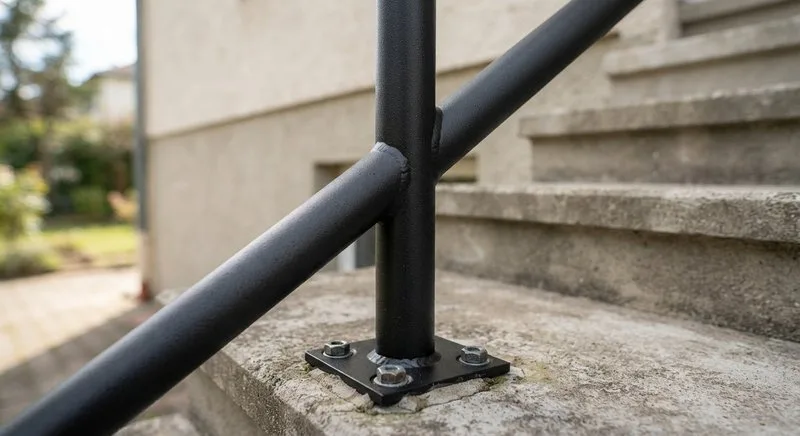 Matte schwarze Pulverbeschichtung auf einem Treppengeländer im Detail