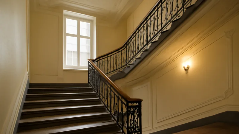 Renoviertes Altbau-Treppenhaus mit erhaltenem schmiedeeisernem Geländer und heller Wandfarbe