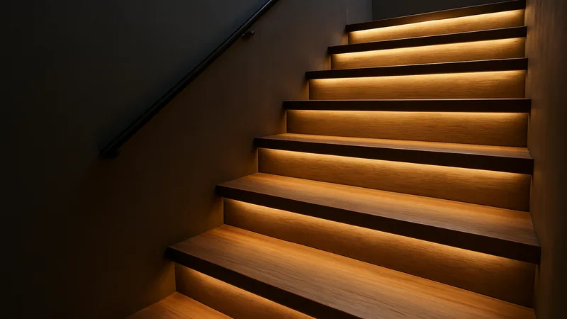Indirekte LED-Beleuchtung entlang der Stufenkanten einer Treppe