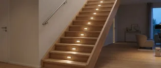 LED-Stufenbeleuchtung an einer Innentreppe mit warmweißem Licht