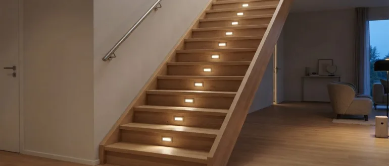 LED-Stufenbeleuchtung an einer Innentreppe mit warmweißem Licht