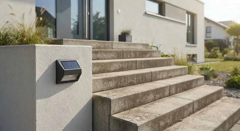 Solarbetriebene Stufenleuchte an einer Außentreppe aus Beton