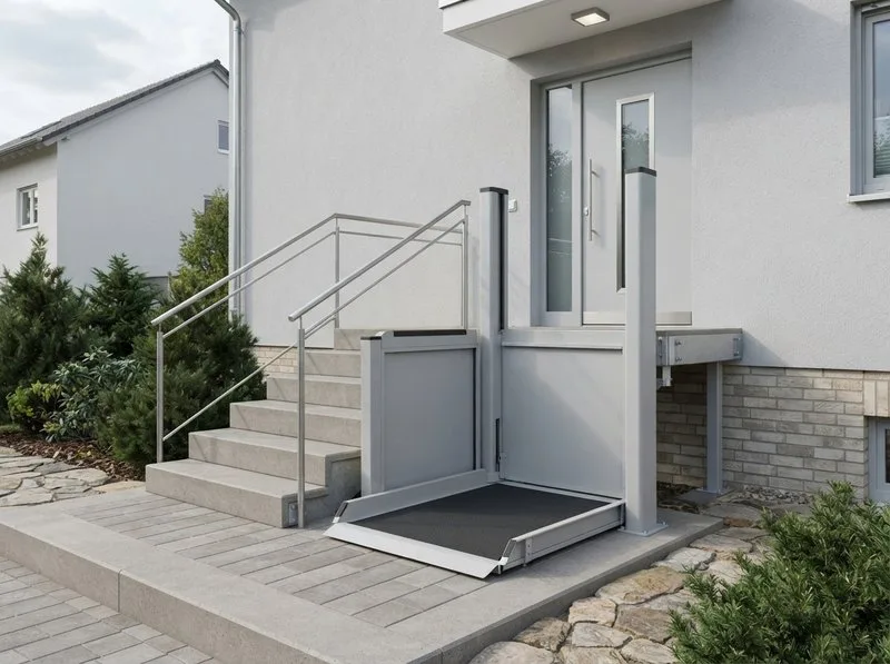 Senkrechter Hublift neben einer kurzen Treppe