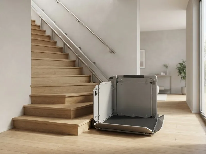 Plattformlift mit breiter Plattform an einer Innentreppe