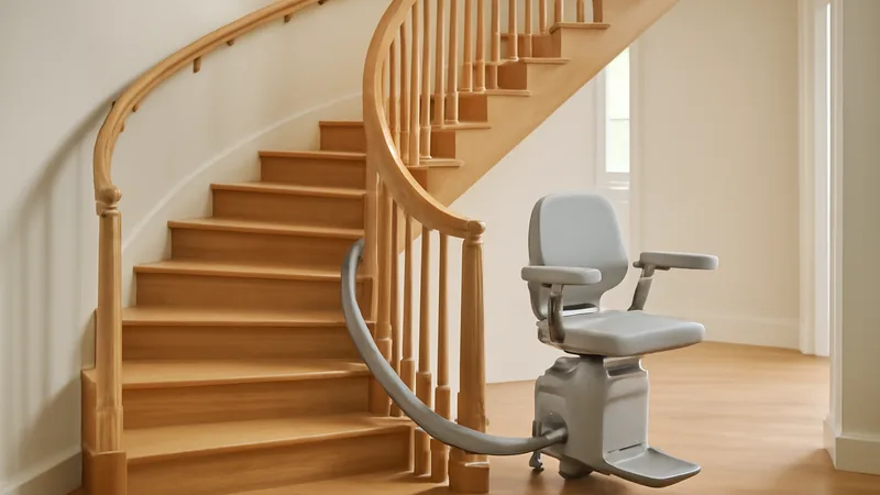 Kurvenlift mit individuell gebogener Schiene an einer gewendelten Treppe