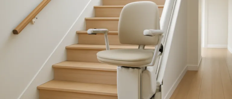 Gerader Sitzlift an einer hellen Innentreppe montiert