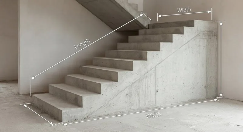Betontreppe im Querschnitt mit eingezeichneten Maßen für die Volumenberechnung
