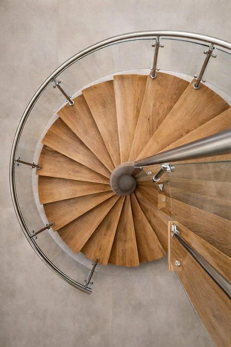 Wendeltreppe von oben mit eingezeichneter Lauflinie