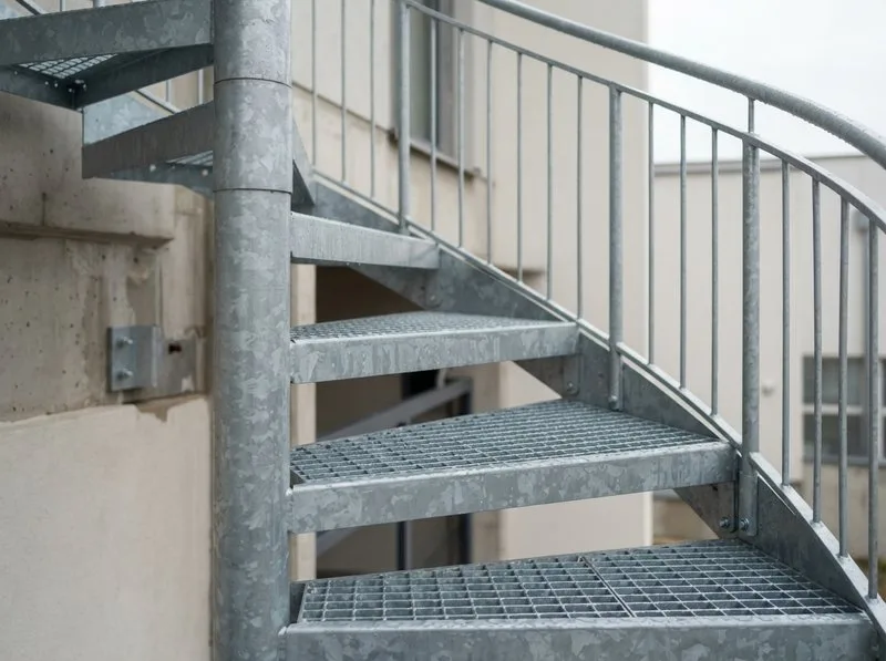 Offene Gitterrost-Stufen einer Wendeltreppe im Außenbereich