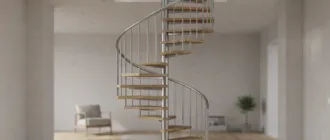 Edelstahl-Spindeltreppe mit Mittelsäule im Wohnraum