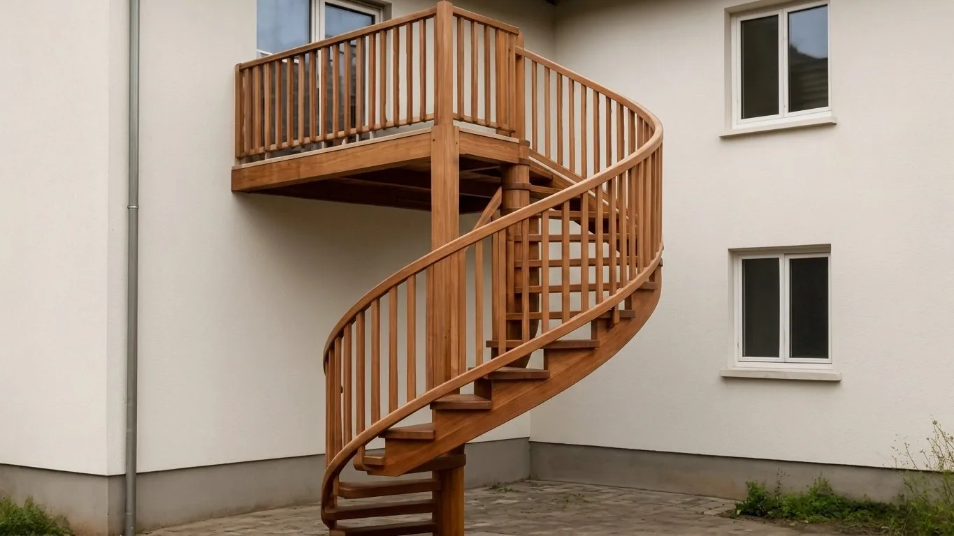 Witterungsbeständige Holz-Spindeltreppe im Außenbereich