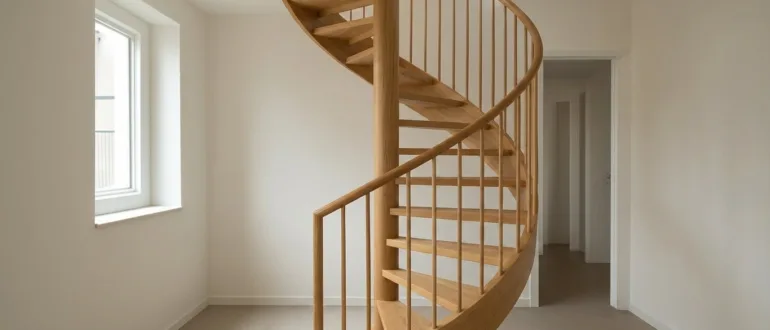 Fertig montierte hölzerne Wendeltreppe in einem modernen Wohnraum