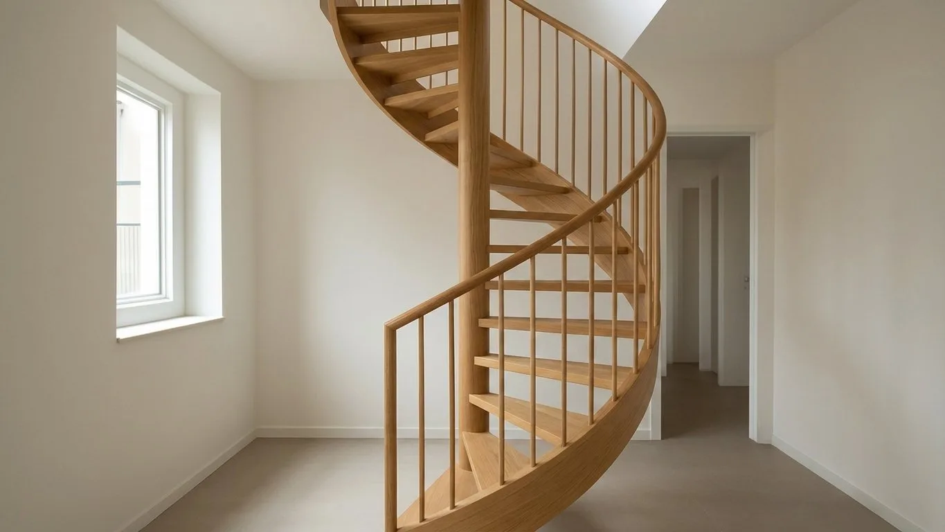 Fertig montierte hölzerne Wendeltreppe in einem modernen Wohnraum