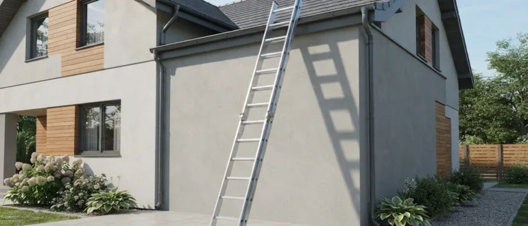 Aluminium-Anlegeleiter an einer Hauswand
