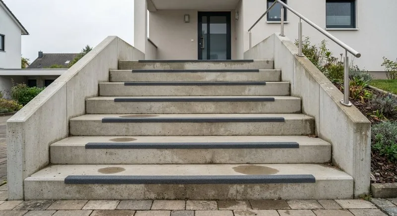 Wetterfester Antirutschstreifen auf einer Außentreppe aus Beton