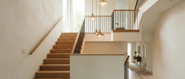 Modernes offenes Treppenhaus mit Pendelleuchte über dem Treppenauge